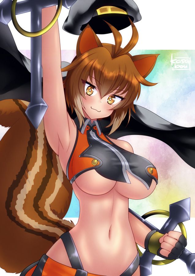 1girl :3 animal_ears armpits bare_shoulders blazblue breasts brown_eyes brown_hair crop_top fingerless_gloves gloves kasabou large_breasts makoto_nanaya microskirt short_hair skirt sleeveless squirrel_ears squirrel_tail tail tonfa underboob weapon