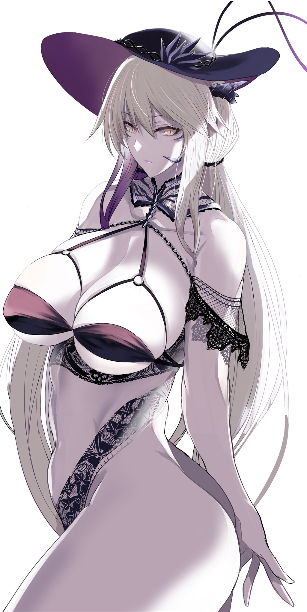 1girl artoria_pendragon_(fate) artoria_pendragon_(lancer_alter)_(fate) bare_shoulders bikini black_bikini black_hat breasts chain cleavage collarbone fate/grand_order fate_(series) hair_between_eyes hat highres horns kawabata_yoshihiro large_breasts long_hair looking_at_viewer pale_skin sarong sidelocks slit_pupils solo sun_hat swimsuit variant_set yellow_eyes