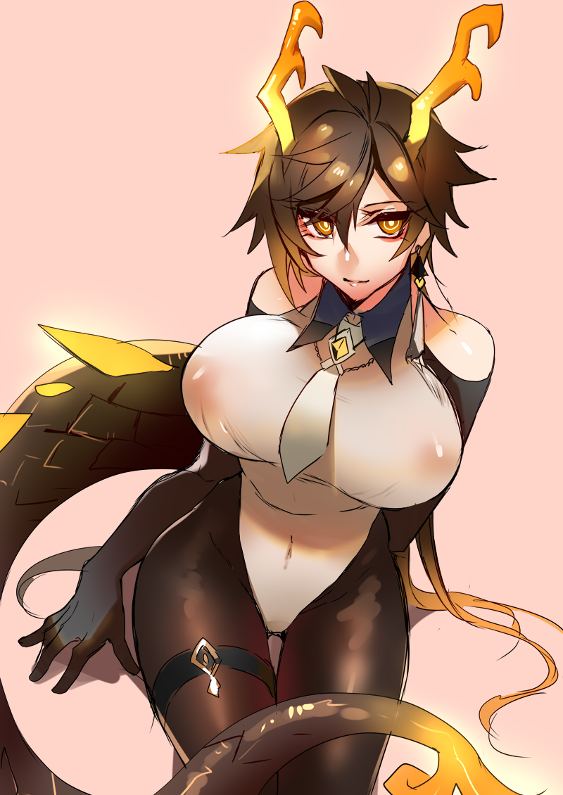 1girl bare_shoulders bodysuit breasts brown_hair closed_mouth collared_leotard commentary_request covered_erect_nipples covered_navel dragon_girl dragon_horns dragon_tail earrings eyeliner eyeshadow genderswap genderswap_(mtf) genshin_impact gradient_background gradient_hair hair_between_eyes horns jewelry kaneaki_mukku large_breasts long_hair looking_at_viewer makeup multicolored_hair necktie orange_hair pink_background red_eyeshadow simple_background single_earring sitting smile solo tail tassel tassel_earrings yellow_eyes zhongli_(genshin_impact)