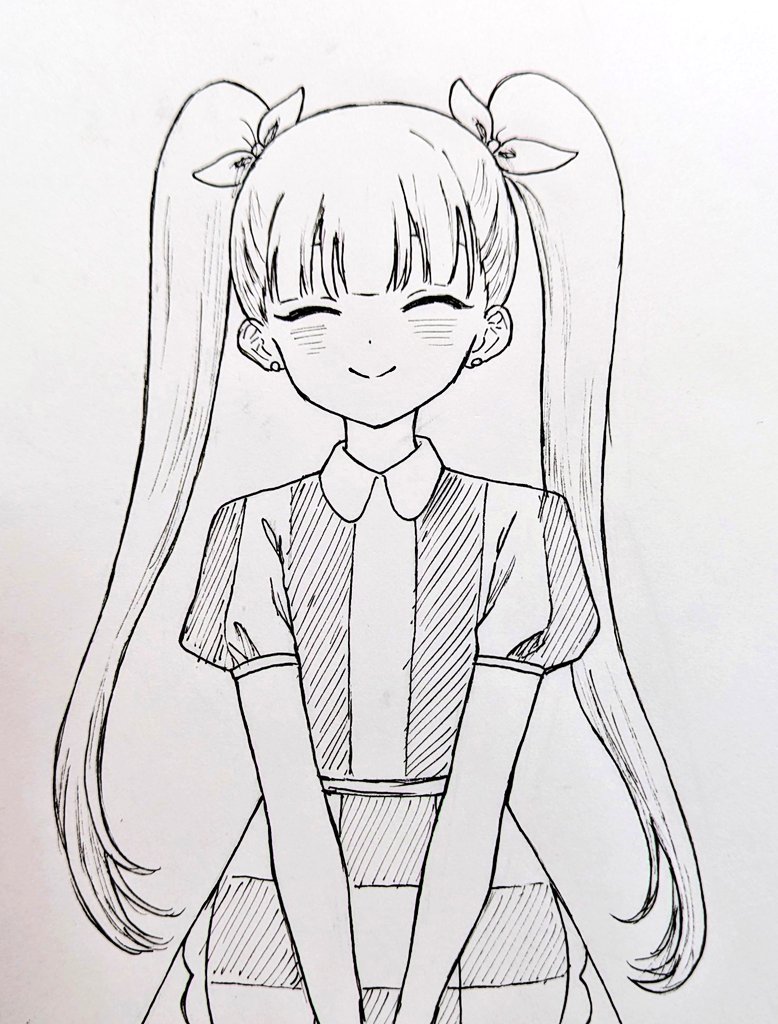 1girl ^_^ apron blunt_bangs blush bow checkered_apron checkered_clothes closed_eyes closed_mouth collared_shirt commentary dot_nose earrings eyebrows_hidden_by_hair facing_viewer greyscale hair_bow hatching_(texture) jewelry long_hair mimn_(kdjgxrt1xt69701) miss_candice_(omori) monochrome omori pen_(medium) puffy_short_sleeves puffy_sleeves shirt short_sleeves skirt smile solo straight-on straight_hair striped_clothes striped_shirt stud_earrings symbol-only_commentary traditional_media twintails upper_body v_arms vertical-striped_clothes vertical-striped_shirt waist_apron