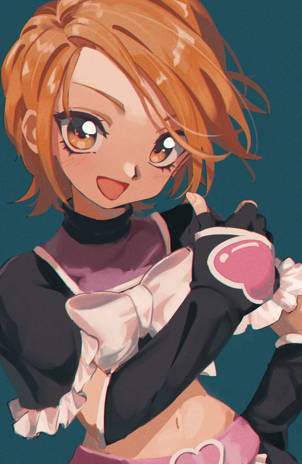 1girl :d black_gloves black_sleeves blue_background bow bowtie brown_eyes brown_hair cure_black detached_sleeves fingerless_gloves futari_wa_precure gloves hand_on_own_hip highres long_sleeves looking_at_viewer midriff misumi_nagisa navel nzeneee open_mouth precure short_hair sleeves_past_wrists smile solo stomach white_bow white_bowtie