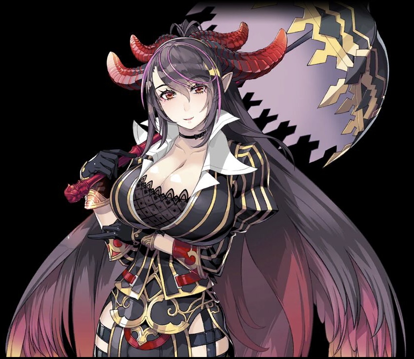 1girl artist_request black_background black_choker black_gloves black_hair black_umbrella blush bow bow_choker breasts choker cleavage collarbone demon demon_girl demon_horns formal_clothes gloves gold_trim holding holding_umbrella horns huge_breasts juliet_sleeves large_breasts long_hair long_sleeves looking_at_viewer multicolored_hair official_art orange_eyes panagia_(the_seven_deadly_sins) parasol pelvic_curtain pinstripe_pattern pinstripe_suit pointy_ears puffy_sleeves purple_hair red_hair shiny_skin smile solo streaked_hair suit the_seven_deadly_sins two-tone_hair umbrella very_long_hair