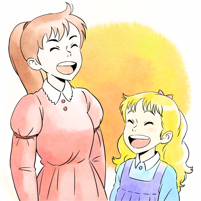 1980s_(style) 2girls ai_no_wakakusa_monogatari amy_march arm_garter blonde_hair brown_hair closed_eyes dress height_difference high_ponytail jitsusan josephine_march laughing multiple_girls oldschool open_mouth ponytail red_dress retro_artstyle siblings sisters world_masterpiece_theater