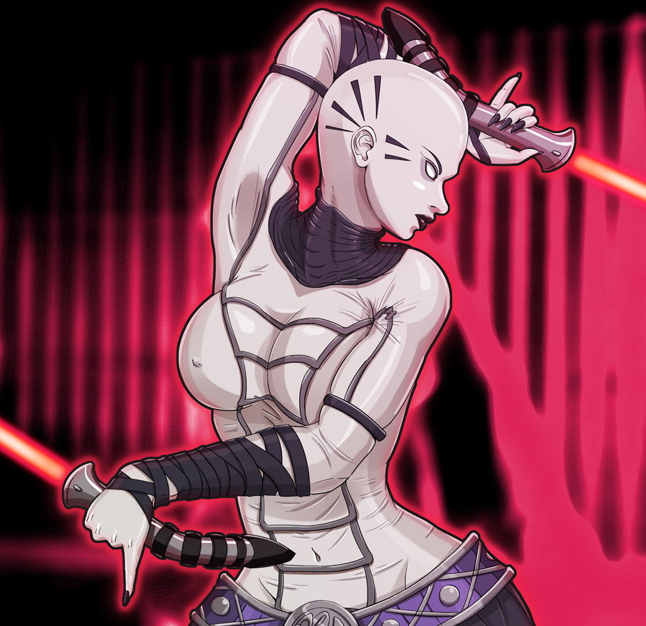 1girl asajj_ventress bald bald_girl belt black_lips black_nails bodysuit breasts bulge clone_wars covered_navel dual_wielding energy_sword erection erection_under_clothes female_focus fighting_stance holding jeibii large_breasts lightsaber lipstick makeup nail_polish no_pupils pinky_out solo star_wars star_wars:_the_clone_wars sword weapon