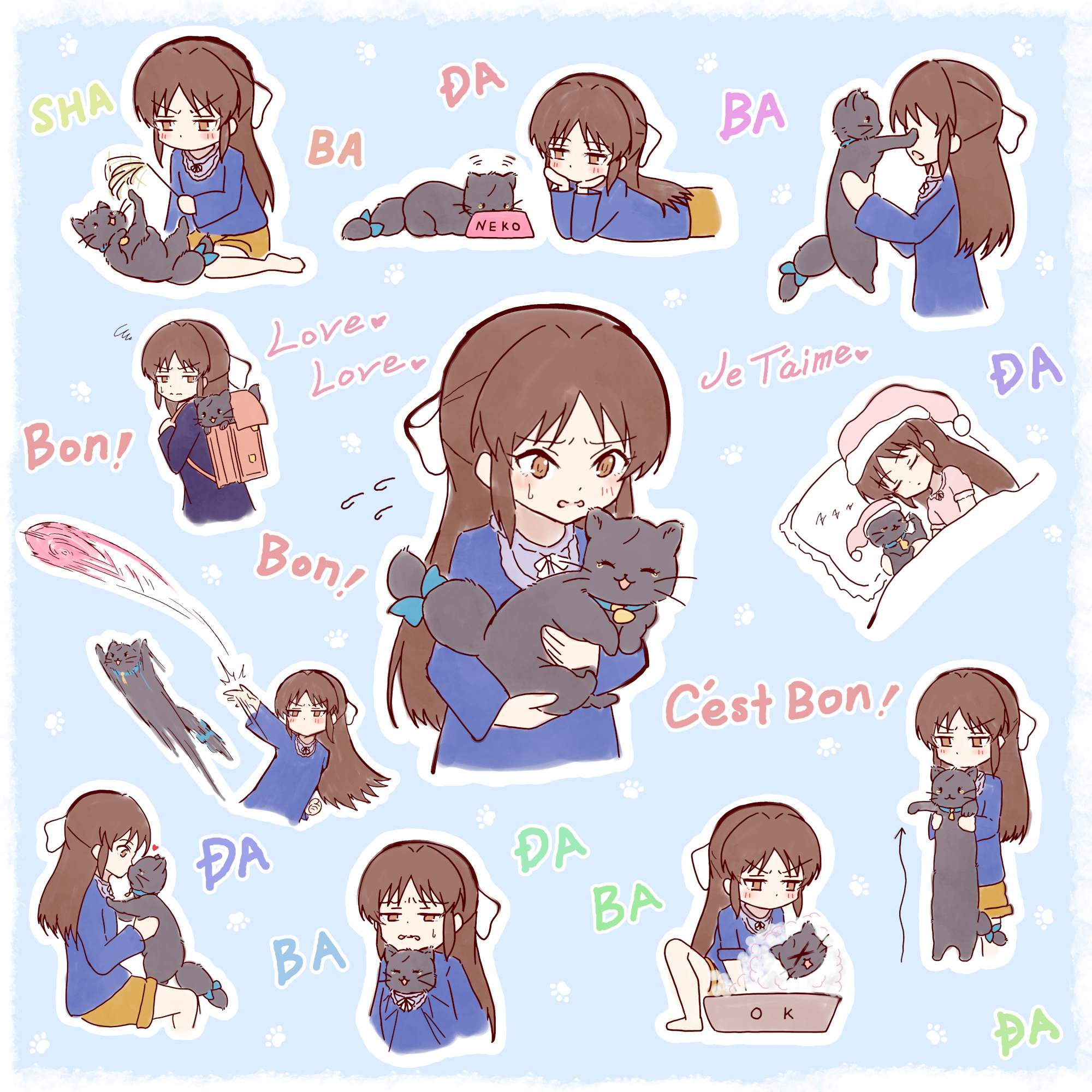 1girl animal backpack bag black_cat blue_shirt bow bowl brown_hair cat cat_teaser commentary_request frisbee half_updo heart highres hitofudegaki_usagi holding_cat_teaser idolmaster idolmaster_cinderella_girls kiss kissing_animal lifting_animal long_hair longcat_(meme) meme motion_blur multiple_views outline pet_bowl randoseru rejected_kiss shared_bed shirt skirt squiggle tachibana_arisu tail tail_bow tail_ornament throwing washing_animal white_outline yellow_skirt