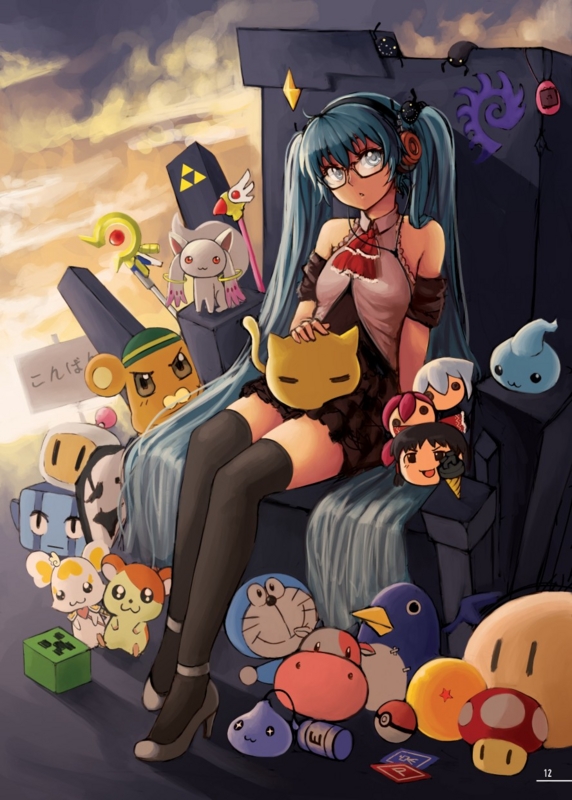 .hack// 00s 10s 1990s_(style) 1girl :3 annotated aqua_eyes aqua_hair artbook ascot balrog_(doukutsu_monogatari) bare_shoulders bespectacled black_lagoon bomberman bonta-kun cameo capcom cardcaptor_sakura character_doll chicomon core_drill creature creatures_(company) creeper crossover digimon digimon_(creature) disgaea doraemon doraemon_(character) doukutsu_monogatari dragon_ball dragon_ball_(object) dress energy_tank female_focus full_metal_panic! fuuin_no_tsue game_freak glasses grado_labs grunty hakurei_reimu hamtaro hamtaro_(series) hamutarou_(hamutarou) hatsune_miku head_tilt headpat headphones heartcatch_precure! high_heels kyubey long_hair lyrical_nanoha mahou_shoujo_madoka_magica maplestory mario_(series) mega_man_(classic) mega_man_(series) minecraft multiple_crossover mushroom nintendo nippon_ichi nyaromon pas_(paxiti) poke_ball pokemon pokemon_(creature) potpourri_(heartcatch_precure!) power-up precure prinny raising_heart retro_artstyle semi-rimless_eyewear shoes sitting slime_(maplestory) starcraft super_mario_bros._1 tamagotchi tamagotchi_(classic) tengen_toppa_gurren_lagann the_legend_of_zelda thighhighs throne touhou triforce twintails uboa under-rim_eyewear very_long_hair vocaloid white_bomberman yukkuri_shiteitte_ne yume_nikki zerg_(starcraft) zettai_ryouiki