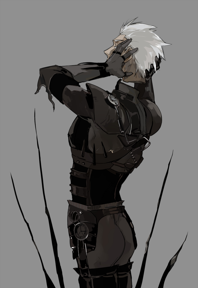 1boy archer_(fate) armor black_legwear crimo disembodied_head facing_away fate/stay_night fate_(series) gauge grey_background hand_on_own_head male_focus short_hair simple_background solo strap upper_body white_hair