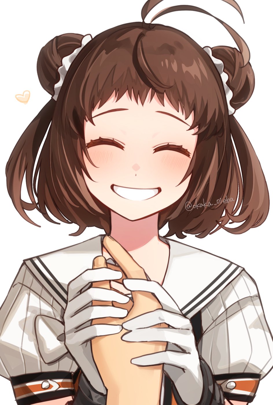 1girl 1other antenna_hair brown_hair double_bun facing_viewer grin hair_bun highres holding_hands kantai_collection naka_(kancolle) naka_kai_ni_(kancolle) puffy_short_sleeves puffy_sleeves sailor_collar short_hair short_sleeves simple_background smile tsumikitsuki_(katsuobushi) white_background white_sailor_collar