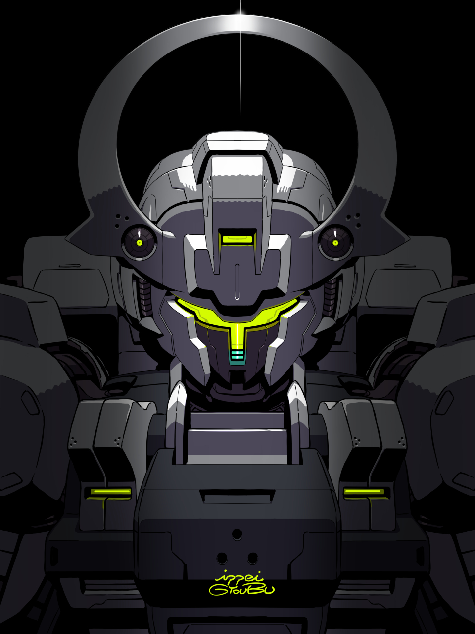 artist_name assault_visor black_background gundam gundam_schwarzette gundam_suisei_no_majo gyoubu_ippei highres mecha monochrome no_humans portrait robot science_fiction solo spot_color