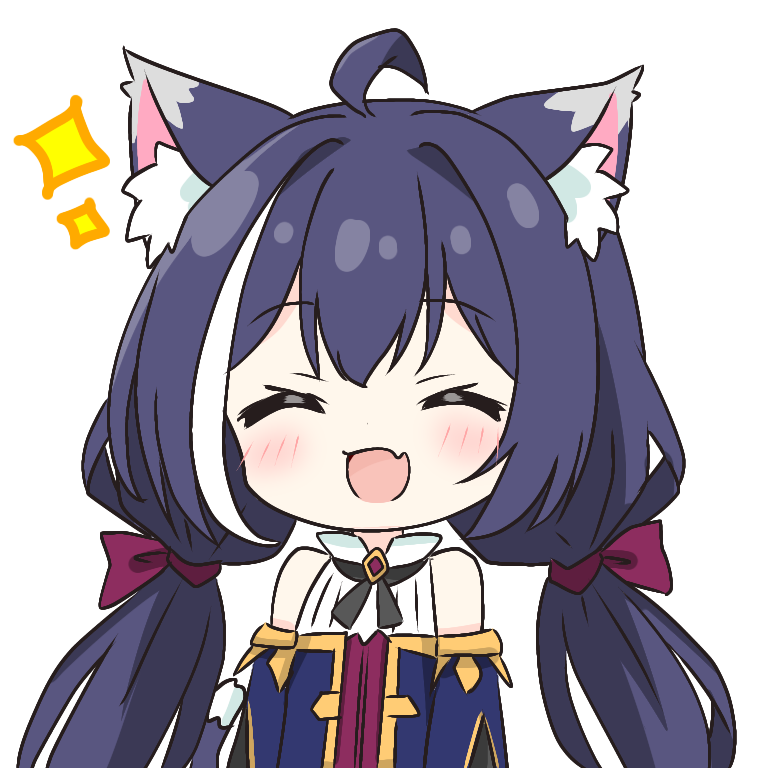 1girl :d ^_^ ahoge animal_ear_fluff animal_ears bare_shoulders black_ribbon blue_sleeves blush cat_ears cat_girl closed_eyes commentary_request detached_sleeves dot_nose facing_viewer fang karyl_(princess_connect!) kotatsu-mazoku long_hair low_twintails multicolored_hair neck_ribbon open_mouth princess_connect! purple_hair ribbon shirt simple_background skin_fang sleeveless sleeveless_shirt smile solo sparkle twintails two-tone_hair upper_body white_background white_hair white_shirt