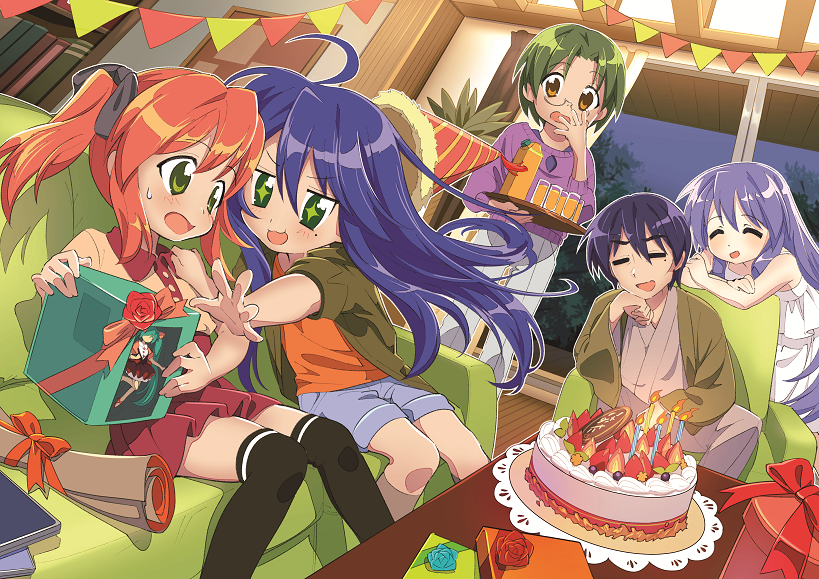 +_+ 1boy 4girls ahoge black_thighhighs blue_hair book brown_eyes cake coffee_table commentary_request couch family food glasses green_eyes hair_between_eyes holding ichimi_renge indoors izumi_kanata izumi_konata izumi_soujirou kobayakawa_yutaka long_hair lucky_star multiple_girls narumi_yui night open_mouth orange_hair outstretched_arm pleated_skirt red_skirt second-party_source shorts sitting skirt sky table thighhighs tongue wooden_floor