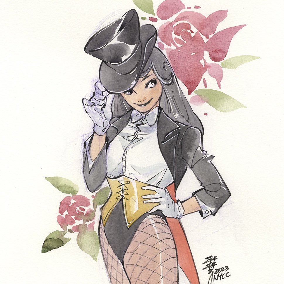 1girl 2023 black_eyes black_hair black_hat black_jacket black_lips breasts commentary corset cowboy_shot dc_comics fishnet_pantyhose fishnets gloves hand_on_own_hip hat hat_tip jacket medium_breasts painting_(medium) pantyhose peach_momoko signature smile solo traditional_media watercolor_(medium) white_gloves zatanna_zatara