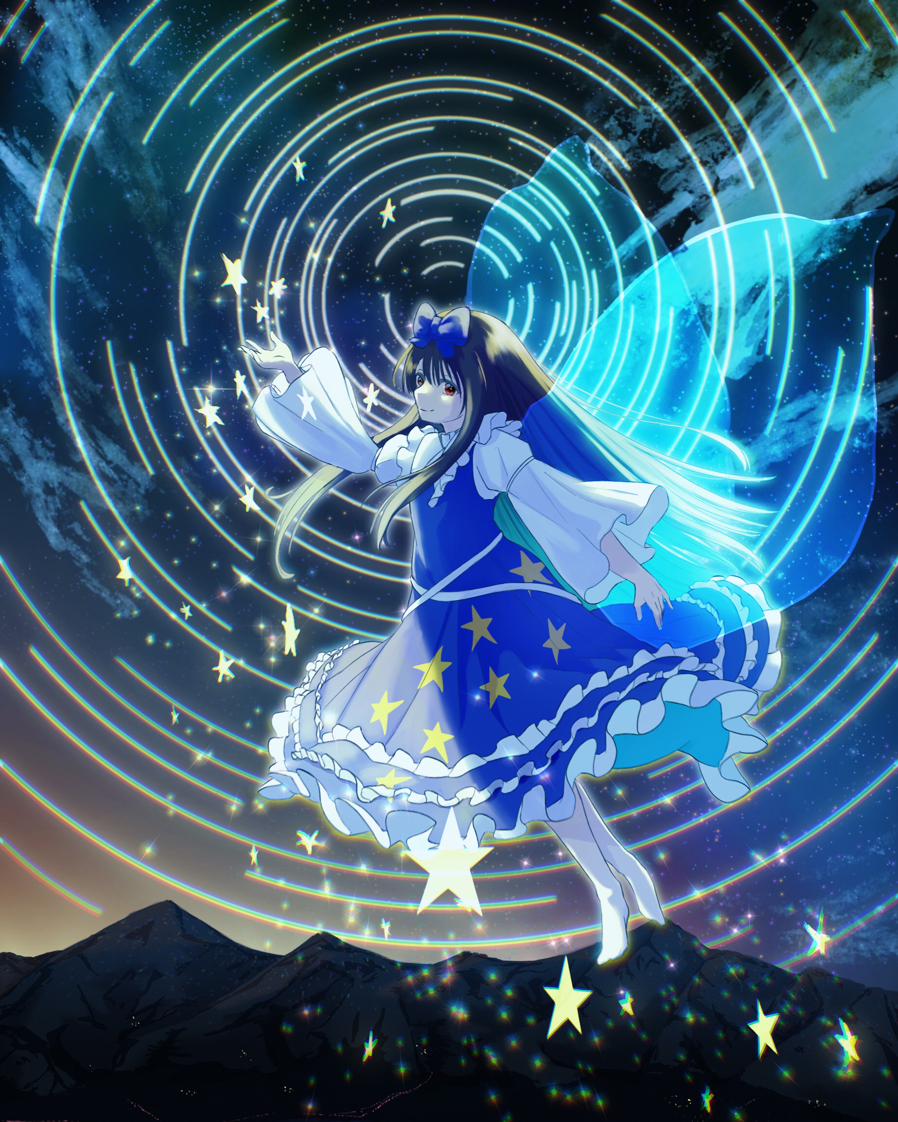 1girl black_hair blue_bow blue_dress bow brown_eyes chromatic_aberration circle closed_mouth cloud cloudy_sky commentary concentric_circles dress dusk fairy fairy_wings flying frilled_dress frills full_body hair_bow highres juliet_sleeves kulukulu3333 light_particles long_hair long_sleeves looking_at_viewer mountain mountainous_horizon no_shoes pantyhose pinafore_dress puffy_sleeves shirt sky sleeveless sleeveless_dress smile solo sparkle star_(sky) star_(symbol) star_print star_sapphire star_trail starry_sky touhou very_long_hair white_pantyhose white_shirt wide_sleeves wings