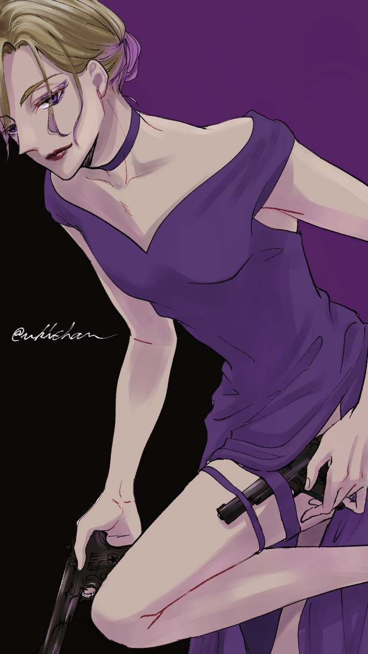1boy blonde_hair commentary_request copyright_request crossdressing crossdressing_(mtf) dress gun highres holding holding_gun holding_weapon holster looking_at_viewer male_focus purple_dress purple_eyes purple_hair short_hair solo standing standing_on_one_leg thigh_holster trap twisted_wonderland ukichan12011 vil_schoenheit weapon