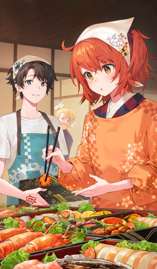1girl 2boys :o ahoge apron aqua_apron bento black_hair blonde_facial_hair blonde_hair blue_eyes box buckle checkered_clothes checkered_kimono chopsticks command_spell commentary cooking creature_on_head facial_hair fate/grand_order fate_(series) floral_print food food_request fou_(fate) fujimaru_ritsuka_(female) fujimaru_ritsuka_(male) goredolf_musik green_eyes hair_between_eyes hand_tattoo headscarf holding holding_box holding_chopsticks holding_with_chopsticks indoors japanese_clothes kappougi kimono medium_hair multiple_boys mustache nagu new_year official_alternate_costume official_art one_side_up open_mouth orange_apron orange_eyes orange_hair osechi parted_lips shirt short_hair short_sleeves smile sparkle t-shirt tattoo teeth third-party_source tokitarou_(fate) upper_body white_headscarf white_shirt
