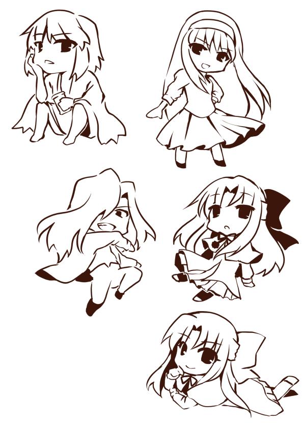 00s 2boys 3girls bad_id bad_twitter_id bow capelet chibi fangs hairband japanese_clothes len_(tsukihime) long_hair michael_roa_valdamjong monochrome multiple_boys multiple_girls open_clothes open_mouth open_shirt pointy_ears ribbon shirt short_hair sitting skirt smile tohno_akiha tohno_shiki_(2) tsukihime white_len_(tsukihime) yasuo_(torinikukani)