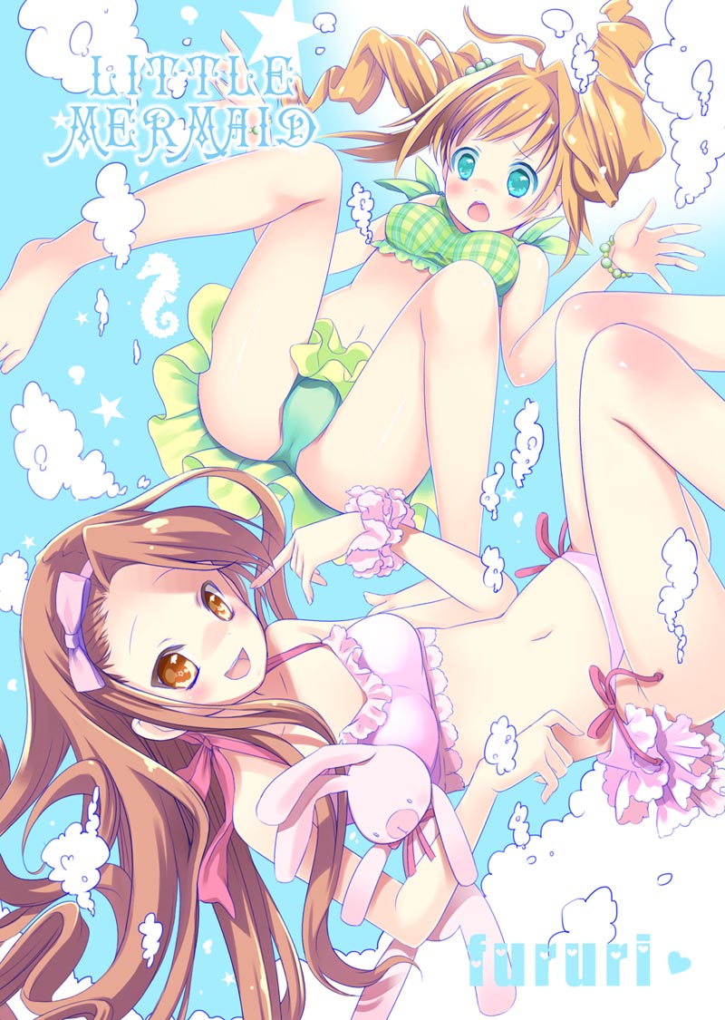 air_bubble aqua_eyes ass bikini bikini_skirt blush bow bracelet breasts brown_hair bubble drill_hair frilled_bikini frills green_bikini hair_bobbles hair_bow hair_intakes hair_ornament hinayuki_usa idolmaster idolmaster_(classic) idolmaster_cinderella_girls jewelry knees_up long_hair medium_breasts minase_iori open_mouth pink_bikini side-tie_bikini_bottom sidelocks spread_legs swimsuit takatsuki_yayoi twin_drills underwater usa-chan_(idolmaster)