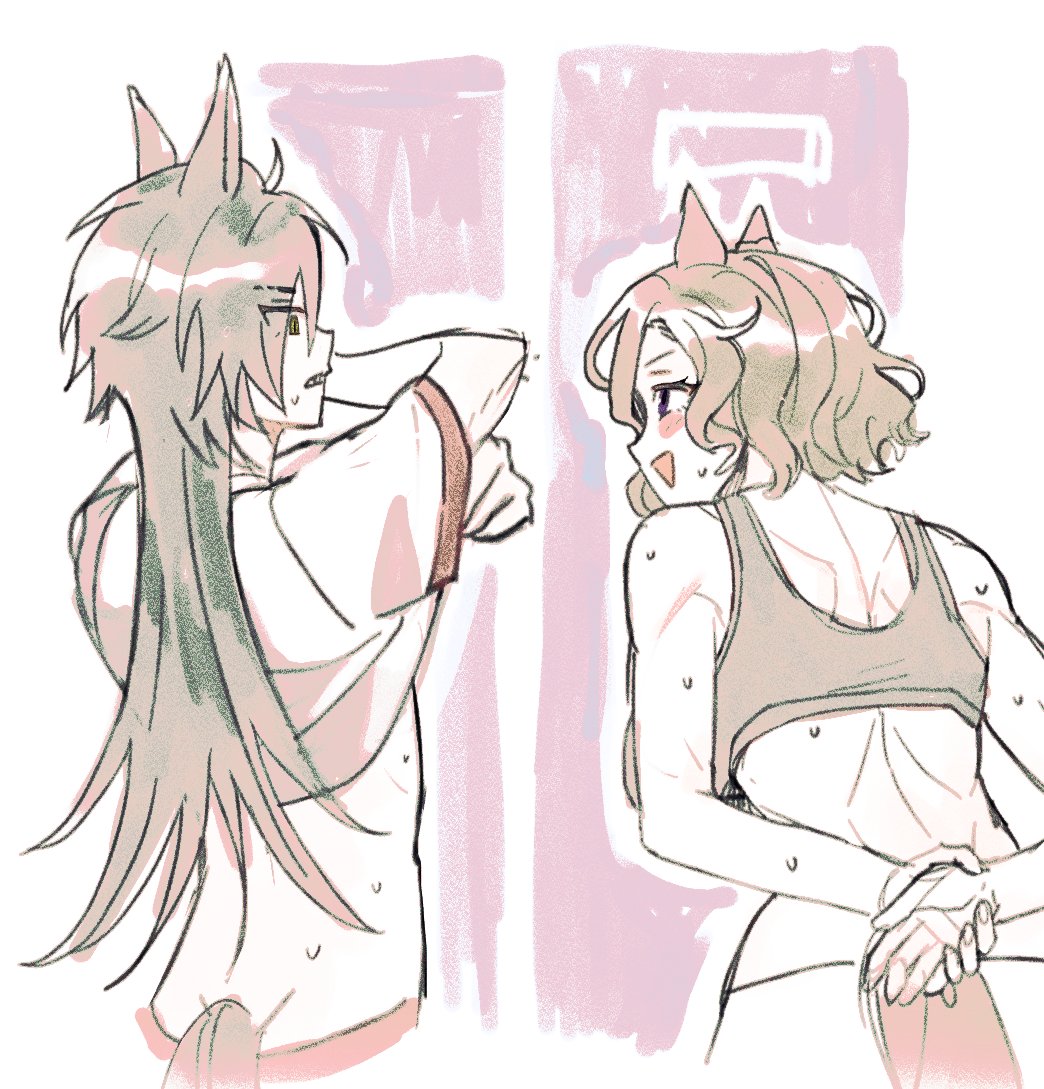 2girls :d air_shakur_(umamusume) animal_ears arms_behind_back back bare_arms bare_shoulders blush breasts clenched_teeth clothes_lift commentary_request eye_contact from_behind frown gym_shirt gym_uniform hands_up horse_ears horse_girl horse_tail korean_commentary large_breasts leaning_forward lifting_own_clothes locker locker_room long_hair looking_at_another mixed-language_commentary multiple_girls muted_color no_eyewear open_mouth own_hands_together purple_eyes shirt shirt_lift short_hair short_sleeves smile sports_bra sweat tail tap_dance_city_(umamusume) teeth toned toned_female uma_ozisan umamusume undressing upper_body wavy_hair wolf_cut yellow_eyes