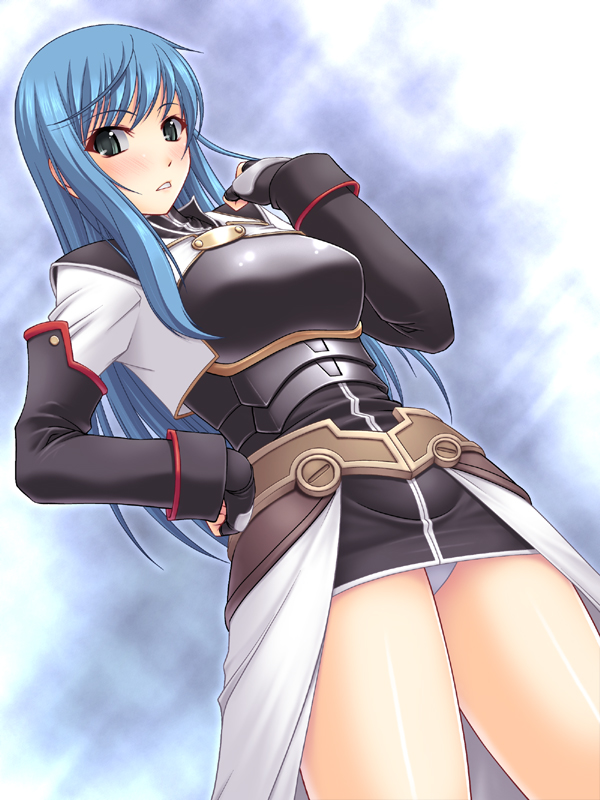 1girl abu blue_hair blush breasts female_focus gradient_background green_eyes long_hair maria_traydor panties skirt solo square_enix star_ocean star_ocean_till_the_end_of_time underwear white_panties