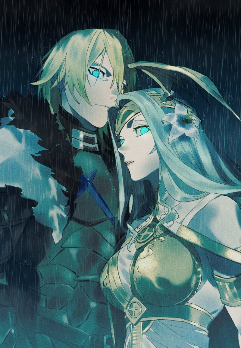 1boy 1girl armor bad_id bad_twitter_id black_armor blonde_hair blue_eyes closed_mouth dimitri_alexandre_blaiddyd dimitri_alexandre_blaiddyd_(timeskip) fire_emblem fire_emblem:_three_houses flower glowing glowing_eyes green_eyes green_hair hair_between_eyes hair_flower hair_ornament inactive_account long_hair looking_at_viewer nintendo parted_lips rain seiros_(fire_emblem) short_hair upper_body zatsu7wy