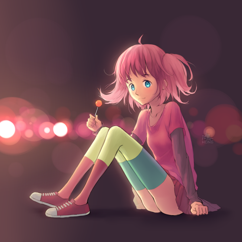 1girl ahoge aqua_thighhighs ass blue_eyes blurry bokeh braid breasts candy clenched_hand converse depth_of_field female_focus food from_side full_body holding layered_sleeves lens_flare light_smile lights lollipop long_sleeves miniskirt multicolored_legwear opticalcore party_girl_(terraria) pink_hair pink_thighhighs pleated_skirt shadow shirt shoes short_hair short_over_long_sleeves short_sleeves short_twintails signature sitting skirt small_breasts smile sneakers solo t-shirt terraria thighhighs twin_braids twintails yellow_thighhighs