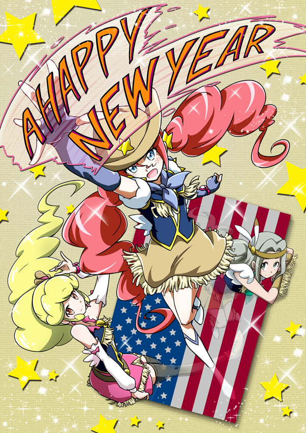 10s 3girls american_flag arm_warmers black_legwear blonde_hair blonde_haired_cure_(bomber_girls_precure)_(happinesscharge_precure!) blue_eyes blue_gloves boots brown_eyes cowboy_hat feathers fingerless_gloves freckles fringe_trim full_body gloves grey_eyes grey_hair grey_haired_cure_(bomber_girls_precure)_(happinesscharge_precure!) grey_skirt happinesscharge_precure! happy_new_year hat headband knee_boots long_hair magical_girl multiple_girls new_year nita_(onakatohoppe) pink_skirt precure red_hair red_haired_cure_(bomber_girls_precure)_(happinesscharge_precure!) skirt smile star_(symbol) thighhighs twintails cowboy_western white_footwear