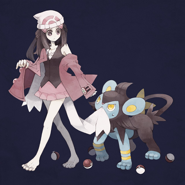 alternate_costume bad_feet barefoot beanie brown_eyes brown_hair dawn_(pokemon) feet gen_4_pokemon hat luxio nintendo poke_ball pokemon pokemon_(creature) scarf strawberrybit undressing
