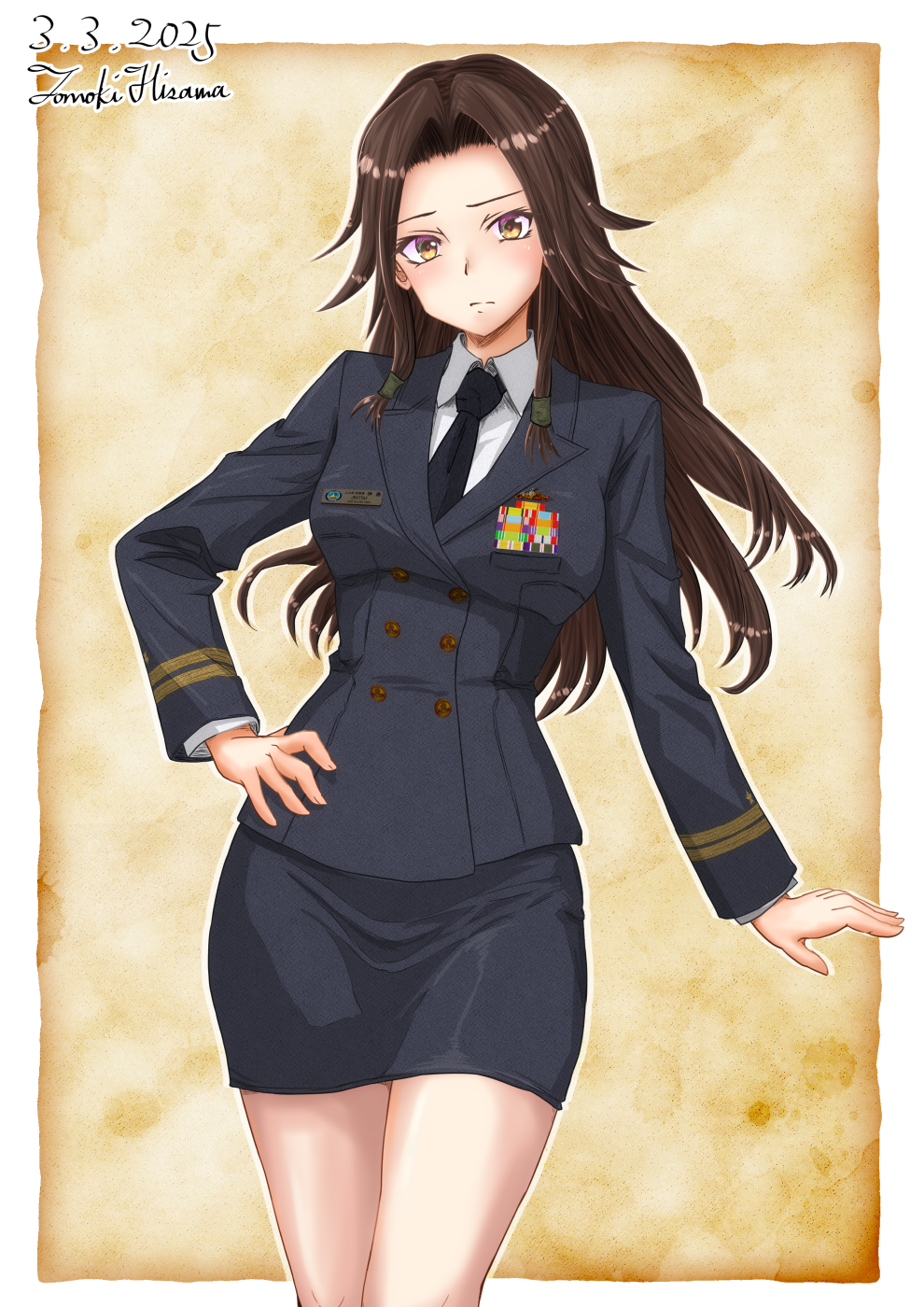 1girl alternate_costume artist_name black_jacket black_necktie black_skirt breasts brown_hair buttons collared_shirt commentary_request dated double-breasted highres hisamatomoki jacket jintsuu_(kancolle) kantai_collection long_hair long_sleeves medium_breasts military_dress_uniform military_rank_insignia military_uniform miniskirt naval_dress_uniform naval_uniform necktie partial_commentary ribbon_bar shirt skirt solo white_shirt yellow_eyes