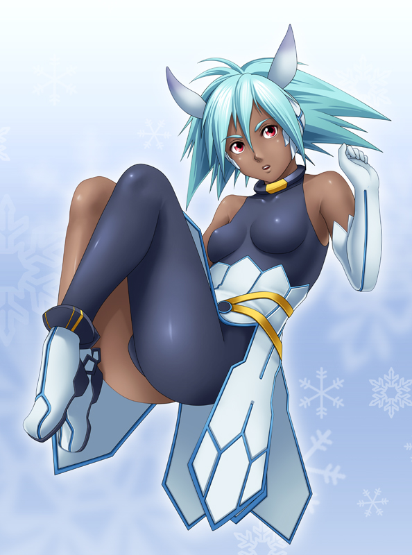 1girl aqua_hair asymmetrical_clothes bare_shoulders celsius celsius_(tales) dark-skinned_female dark_skin elbow_gloves female_focus gloves impossible_clothes red_eyes shoes snowflakes solo tales_of_(series) tales_of_xillia thor_(deep_rising) white_gloves