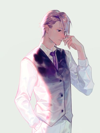 1boy backlighting closed_mouth collared_shirt cowboy_shot expressionless giulio_di_bondone grey_background hair_behind_ear hair_over_one_eye hand_in_pocket hand_on_own_face hand_up long_sleeves looking_down lucky_dog_1 male_focus necktie pants purple_eyes purple_hair purple_necktie purple_vest shirt short_hair simple_background solo vest white_pants xiaoquandianer