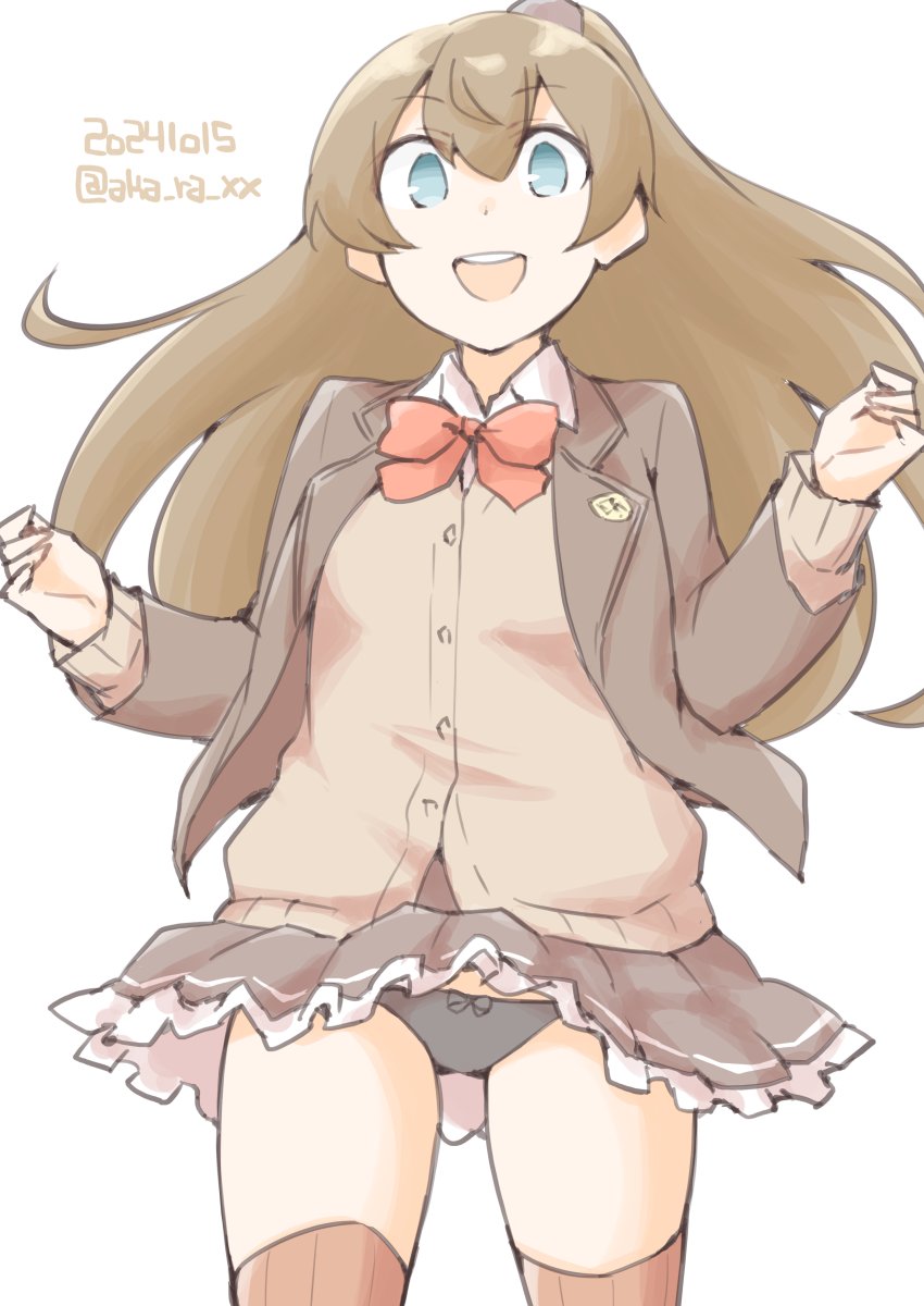 1girl akara_kai black_bow black_panties blazer blue_eyes bow bow_panties bowtie breasts brown_cardigan brown_hair brown_jacket brown_skirt brown_thighhighs cardigan clothes_lift dated gluteal_fold hair_ornament hairclip highres jacket kantai_collection kumano_(kancolle) kumano_kai_ni_(kancolle) long_hair orange_bow orange_bowtie panties pleated_skirt ponytail red_bow red_bowtie school_uniform skirt skirt_lift small_breasts thighhighs twitter_username underwear