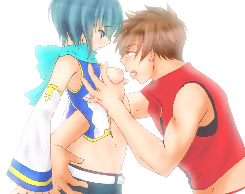 1boy 1girl blue_eyes blue_hair blue_scarf breasts brown_eyes brown_hair grabbing_another&#039;s_breast groping hetero kaiko_(vocaloid) meito_(vocaloid) nipples non-web_source red_clouds scarf sex