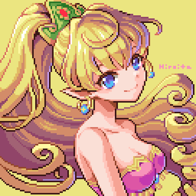 1girl artist_name bare_shoulders blonde_hair blue_eyes breasts closed_mouth commentary_request earrings hair_ornament head_tilt hiroita hoop_earrings jewelry lowres medium_breasts orb pink_shirt pixel_art pointy_ears ponytail primm_(seiken_densetsu_2) seiken_densetsu seiken_densetsu_2 shirt simple_background smile solo yellow_background