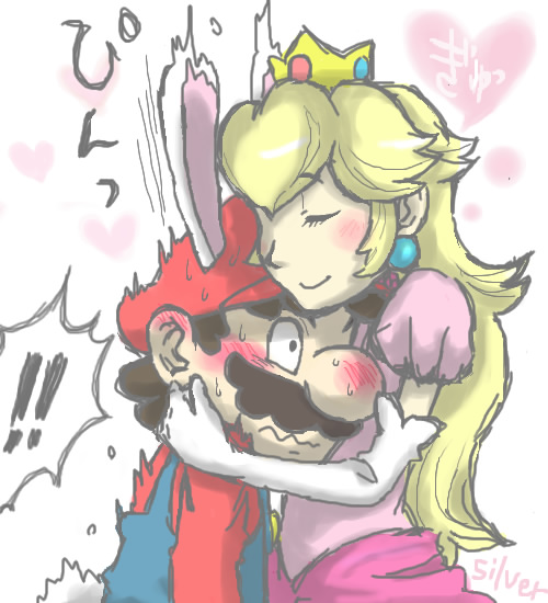 blonde_hair blush breast_press brown_hair bunny_mario crown dress earrings facial_hair gloves hat heart hug jewelry mario mario_(series) mustache nintendo pink_dress platiniridium princess_peach rabbit_ears rabbit_mario smile spoken_heart standing super_mario_bros._1 super_mario_land_2 translation_request