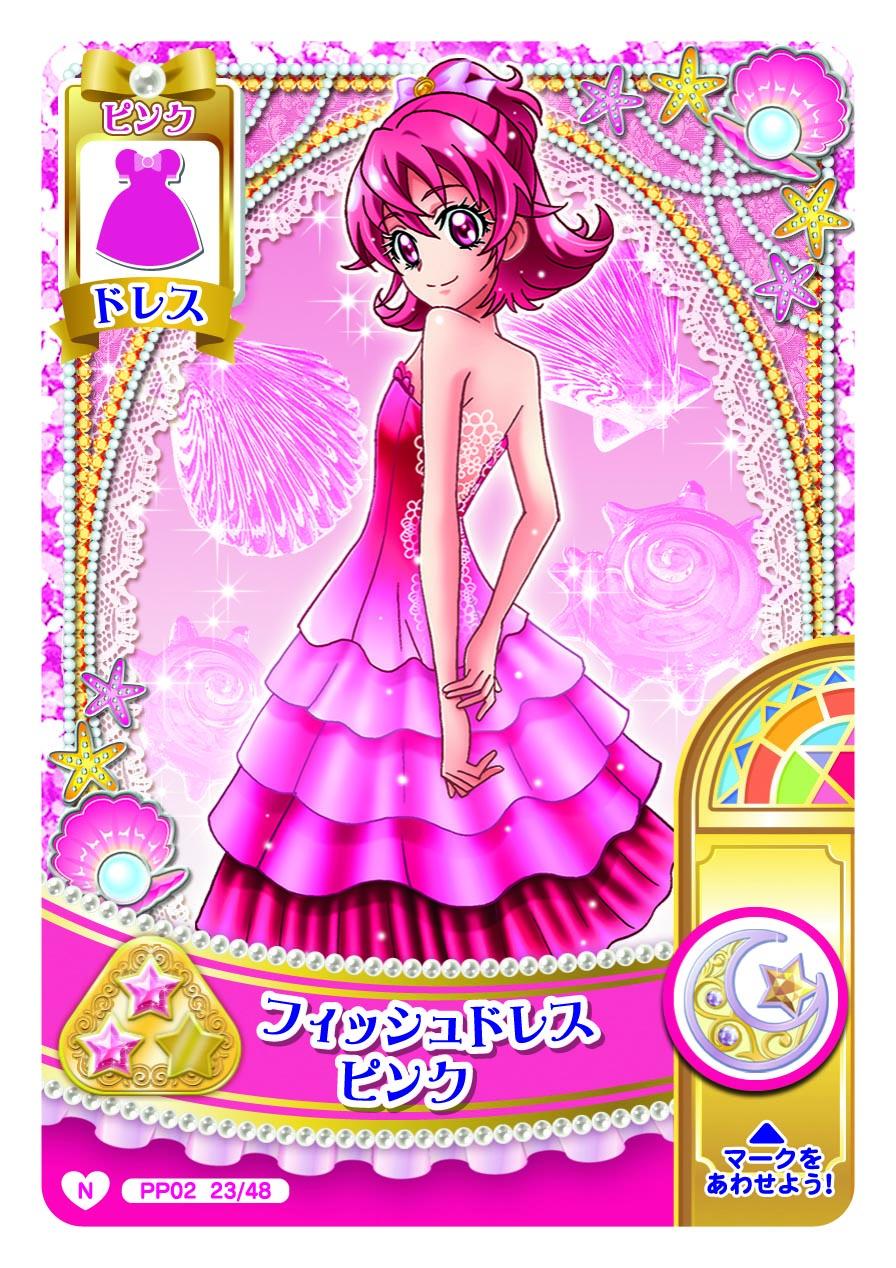 1girl aida_mana arms_behind_back artist_request bare_arms bare_shoulders border bow card_(medium) clam closed_mouth crescent dokidoki!_precure dress eyelashes feet_out_of_frame formal_clothes frilled_dress frills from_behind gem gown hair_between_eyes hair_bow hair_ornament happy high_ponytail highres holding_own_arm long_dress looking_at_viewer looking_back medium_hair official_alternate_costume official_art outline pearl_(gemstone) picture_frame pink_bow pink_dress pink_eyes pink_hair ponytail precure seashell second-party_source shell short_ponytail smile solo star_(symbol) starfish tareme translation_request white_border white_outline