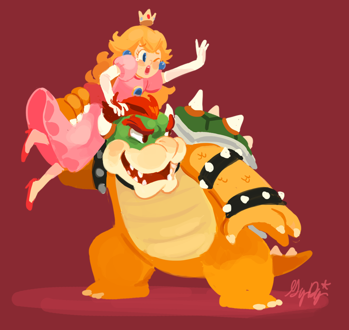 armlet blonde_hair bowser crown dress gigi_d.g. green_shell_(mario) horns jewelry mario_(series) nintendo pink_dress princess_peach red_background red_hair source_request spiked_armlet standing