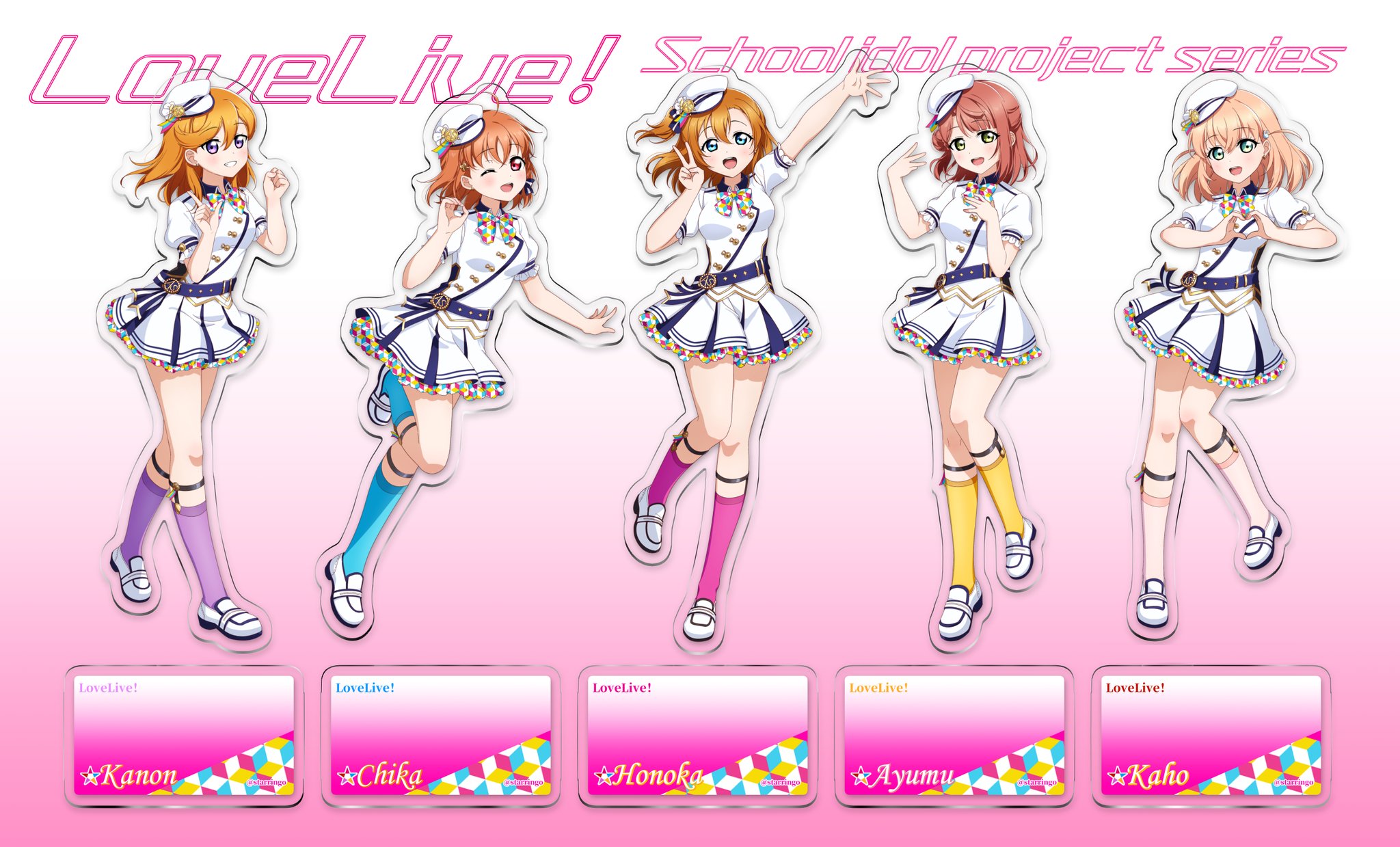 5girls :d \||/ acrylic_stand_(medium) aqua_eyes arm_up blue_bow blue_eyes blue_socks bow breasts character_name clenched_hand commentary copyright_name crossed_bangs finger_gun full_body gradient_background hair_between_eyes hair_bow hair_ornament half_updo hashtag-only_commentary hat heart heart_hands highres hinoshita_kaho kosaka_honoka leg_up legwear_garter link!_like!_love_live! long_hair love_live! love_live!_nijigasaki_high_school_idol_club love_live!_school_idol_project love_live!_sunshine!! love_live!_superstar!! medium_breasts medium_hair miniskirt multiple_girls ok_sign one_side_up open_hand open_mouth orange_hair pink_background pink_hair pink_socks pleated_skirt puffy_short_sleeves puffy_sleeves purple_eyes purple_socks rabbit_hair_ornament red_eyes shibuya_kanon shirt shoes short_sleeves skirt skirt_set smile socks starringooo swept_bangs takami_chika teeth tilted_headwear two_side_up uehara_ayumu upper_teeth_only v white_footwear white_hat white_shirt white_skirt yellow_eyes yellow_socks