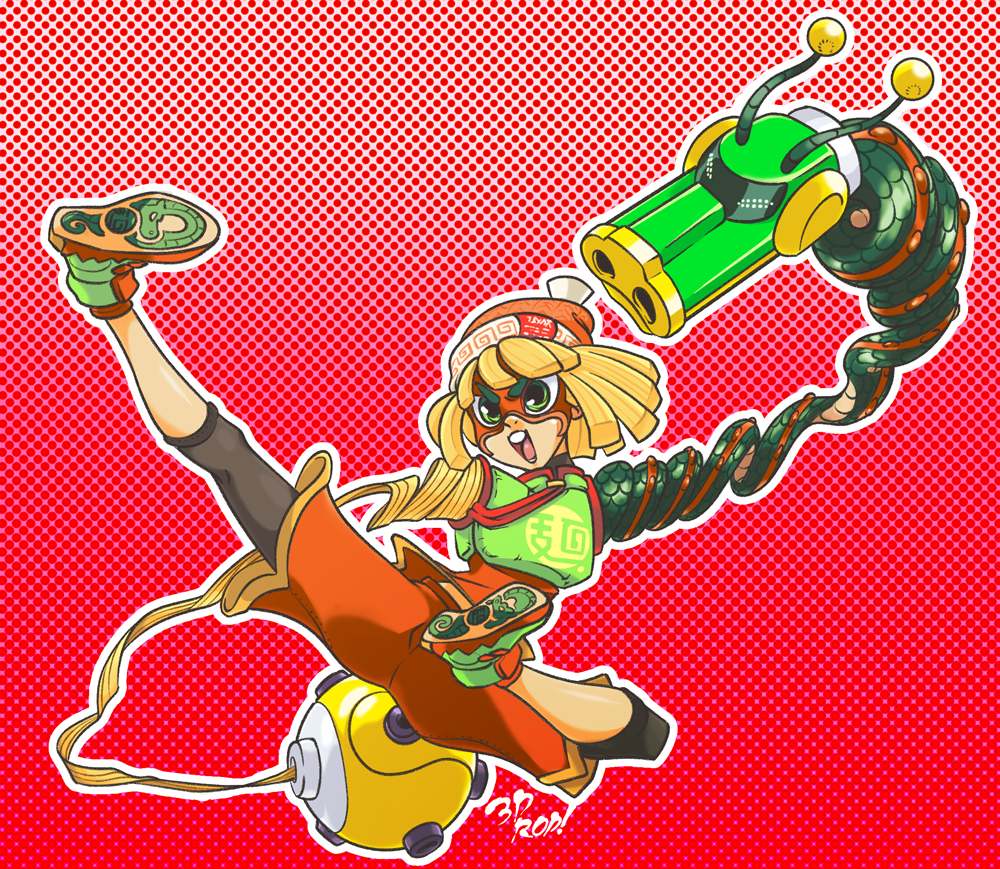 1girl 3d_rod! arms_(game) beanie blonde_hair dragon_(arms) eye_mask green_eyes green_shoes hat kicking leggings_under_shorts megawatt_(arms) min_min_(arms) open_mouth orange_shorts shoes short_hair shorts solo extendable_limbs