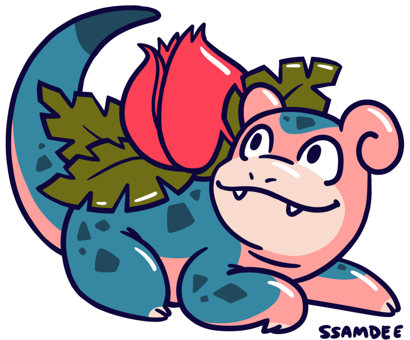ahtnamaseed animal_focus black_eyes closed_mouth commentary english_commentary fakemon fangs full_body fusion game_freak gen_1_pokemon ivysaur looking_back nintendo no_humans nostrils pokemon pokemon_(creature) simple_background slowpoke solo transparent_background