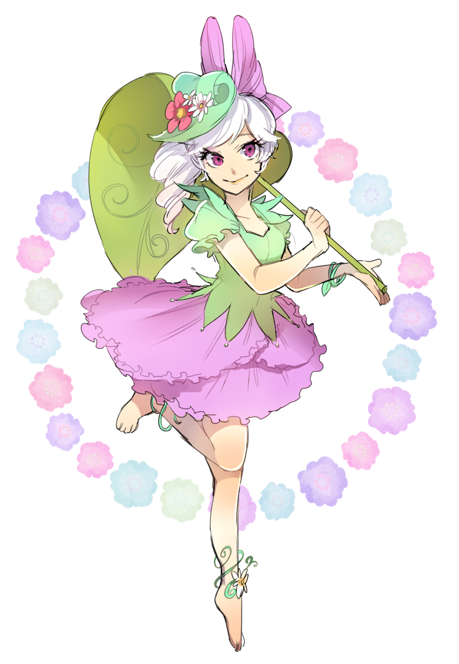 1girl alternate_costume bow character_request daisy_duck disney full_body hair_bow highres humanization leaf_umbrella moov_(mb_52) personification purple_eyes shirt short_hair smile umbrella white_hair