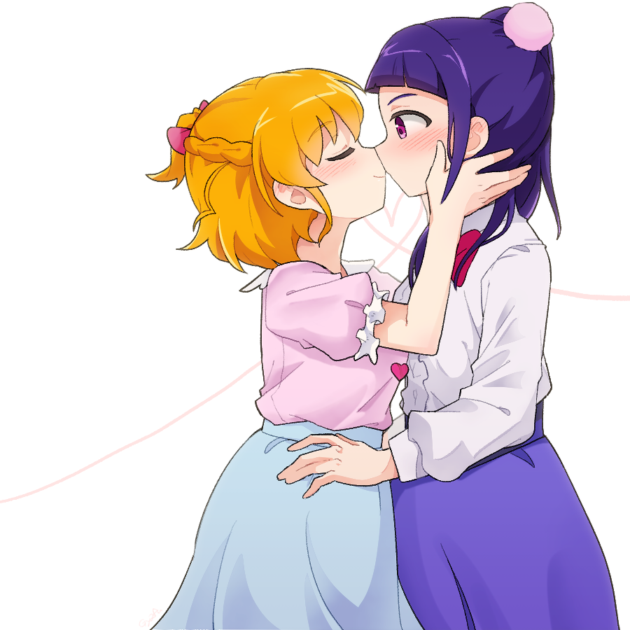 2girls asahina_mirai blue_skirt blush braid closed_eyes closed_mouth commentary_request gyaheung half_up_braid heart heart_of_string izayoi_liko long_hair long_sleeves mahou_girls_precure! mahou_girls_precure!!_mirai_days multiple_girls orange_hair pink_shirt precure purple_eyes purple_hair purple_skirt shirt short_sleeves simple_background skirt smile white_background white_shirt yuri