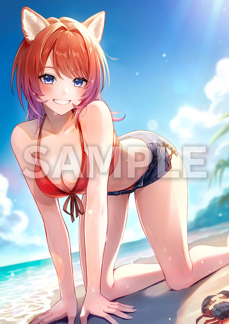 1girl all_fours animal_ears atelier_(series) atelier_resleriana atelier_resleriana:_the_red_alchemist_&amp;_the_white_guardian beach blue_sky blush breasts cat_ears cat_girl cleavage cloud gradient_hair looking_at_viewer midriff multicolored_hair ocean official_art purple_eyes red_hair rias_eidreise sample_watermark short_shorts shorts sky smile watermark wet