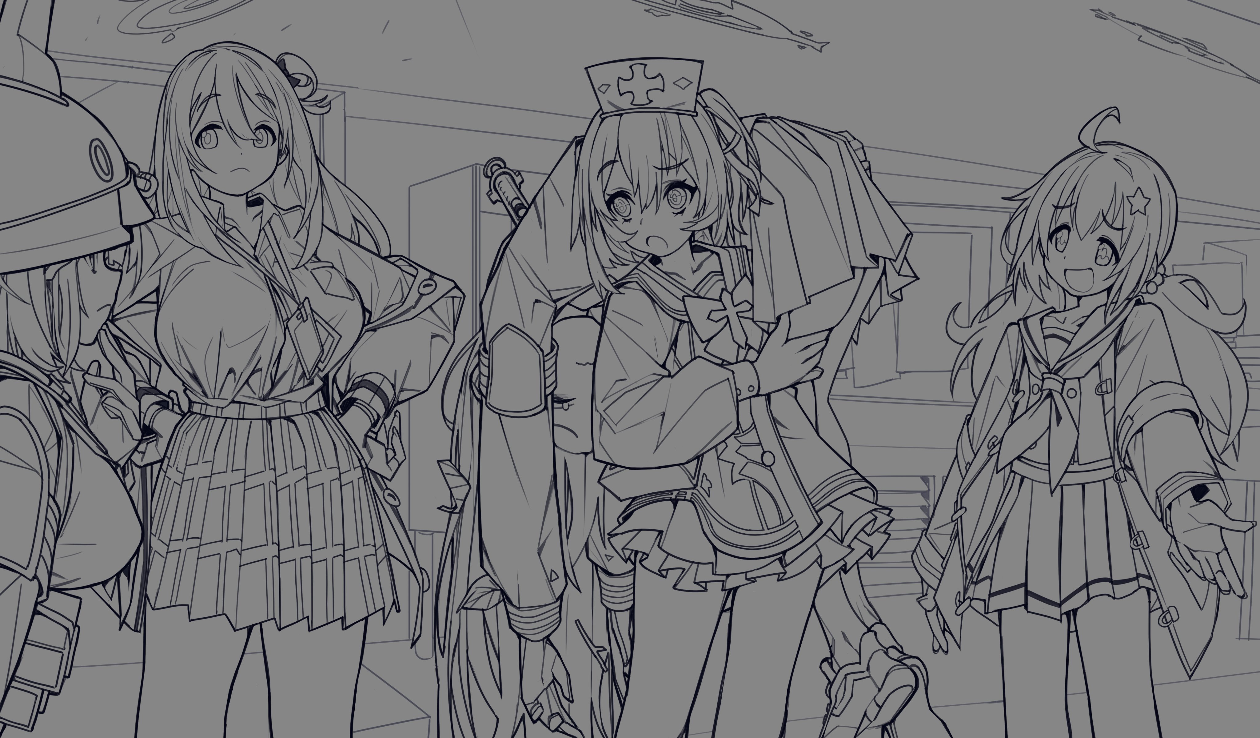 5girls absurdres ahoge blue_archive breasts carrying carrying_over_shoulder carrying_person hair_ornament halo hat heavy_(tf2) helmet highres indoors injection jacket lanyard leaf leaf_on_head long_hair long_sleeves medic_(tf2) miyu_(blue_archive) monochrome multiple_girls nonomi_(blue_archive) nurse_cap open_mouth parody plaid_clothes plaid_skirt pleated_skirt reisa_(blue_archive) saki_(blue_archive) school_uniform scout_(tf2) serafuku serina_(blue_archive) skirt sniper_(tf2) soldier_(tf2) star_(symbol) star_hair_ornament syringe team_fortress_2 twintails waa153