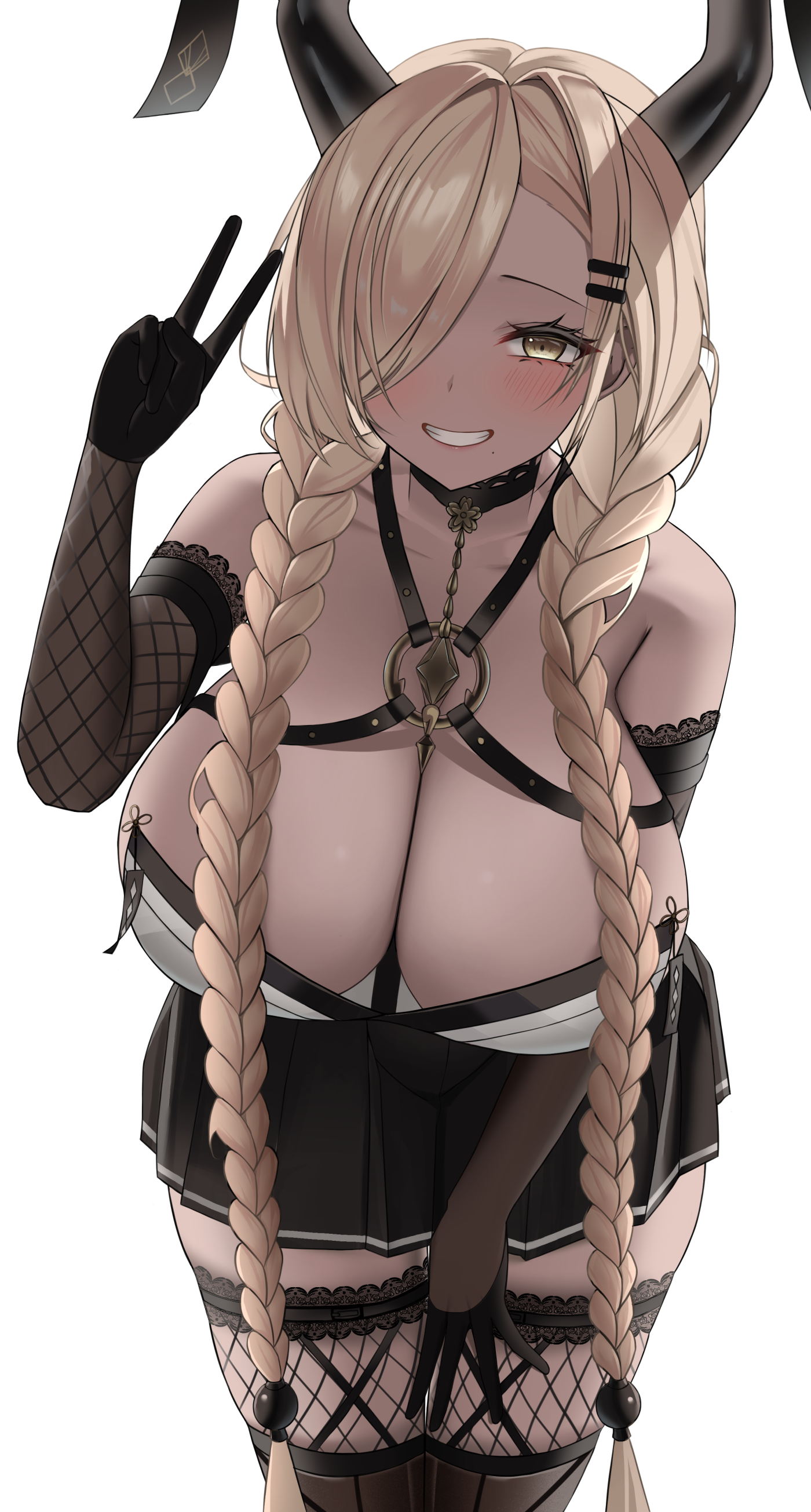 1girl absurdres asymmetrical_bangs azur_lane blonde_hair braid breasts cleavage dark-skinned_female dark_skin grin hair_over_one_eye highres horns jewelry large_breasts large_horns long_bangs long_hair looking_at_viewer mole mole_under_mouth owari_(azur_lane) smile solo twin_braids very_long_hair wynnblue yellow_eyes