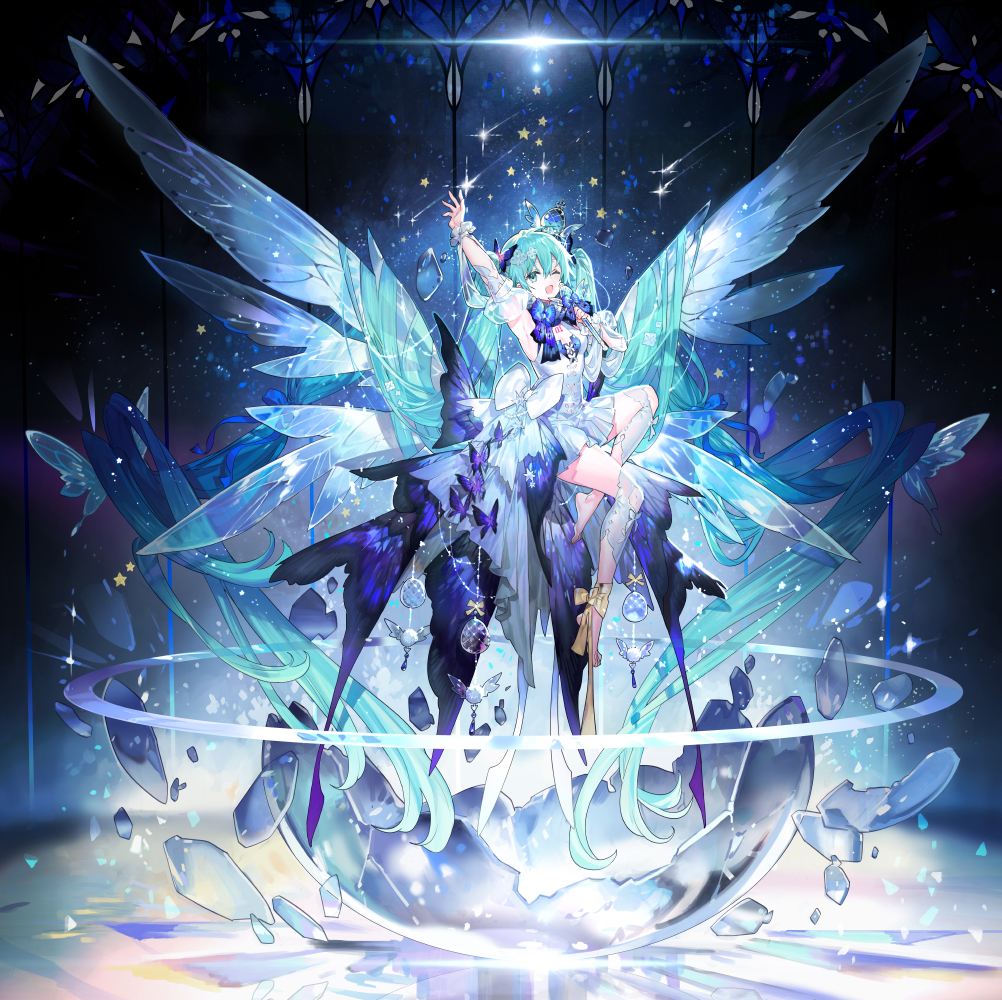 1girl absurdly_long_hair animal_print arm_up blue_bow blue_eyes bow breasts bug butterfly butterfly_dress butterfly_hair_ornament butterfly_print buttons chest_tattoo cleavage cleavage_cutout clothing_cutout commentary_request detached_sleeves dress egg floating floating_hair gold_ribbon hair_ornament hands_up hatsune_miku holding holding_microphone insect knee_up large_bow legs_up long_hair low_twintails medium_breasts microphone night night_sky one_eye_closed open_mouth orb puffy_detached_sleeves puffy_sleeves purple_butterfly ribbon shards shine sky smile solo star_(sky) star_(symbol) starry_sky starshadowmagician tattoo translation_request twintails very_long_hair vocaloid white_bow wings