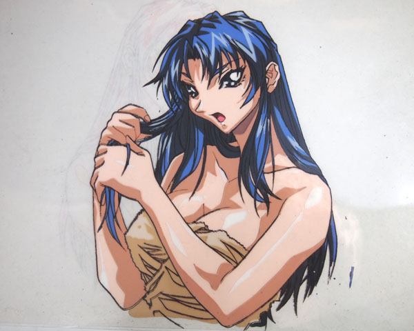 1990s_(style) 1girl adjusting_hair after_bathing blue_hair breasts cel choujin_gakuen_gowcaizer cleavage female_focus hishizaki_shaia_(gowcaizer) looking_at_viewer oobari_masami open_mouth retro_artstyle solo towel upper_body wet