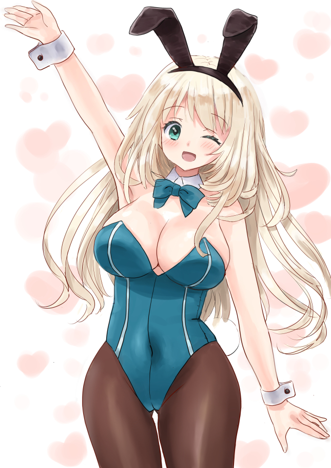 1girl animal_ears arm_up atago_(kancolle) bare_shoulders blonde_hair blue_leotard blush bow bowtie breasts brown_pantyhose cameltoe detached_collar fake_animal_ears green_eyes heart kantai_collection kitagawa_mikio large_breasts leotard long_hair looking_at_viewer one_eye_closed open_mouth pantyhose playboy_bunny rabbit_ears smile solo strapless strapless_leotard white_background