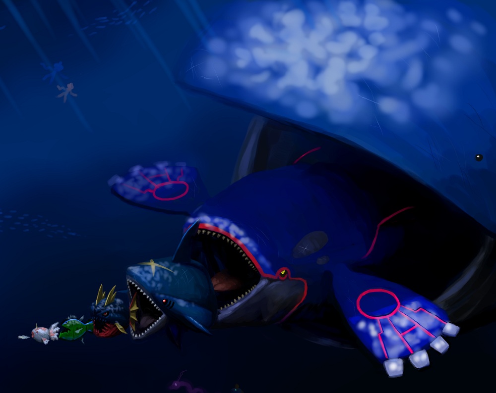 basculin basculin_(blue) carvanha cosmo_(465lilia) creature_as_food fish frillish gen_1_pokemon gen_2_pokemon gen_3_pokemon gen_5_pokemon glowing goldeen gorebyss huntail jellyfish kyogre legendary_pokemon nintendo no_humans open_mouth pokemon pokemon_(creature) remoraid sharpedo teeth tynamo underwater wailord