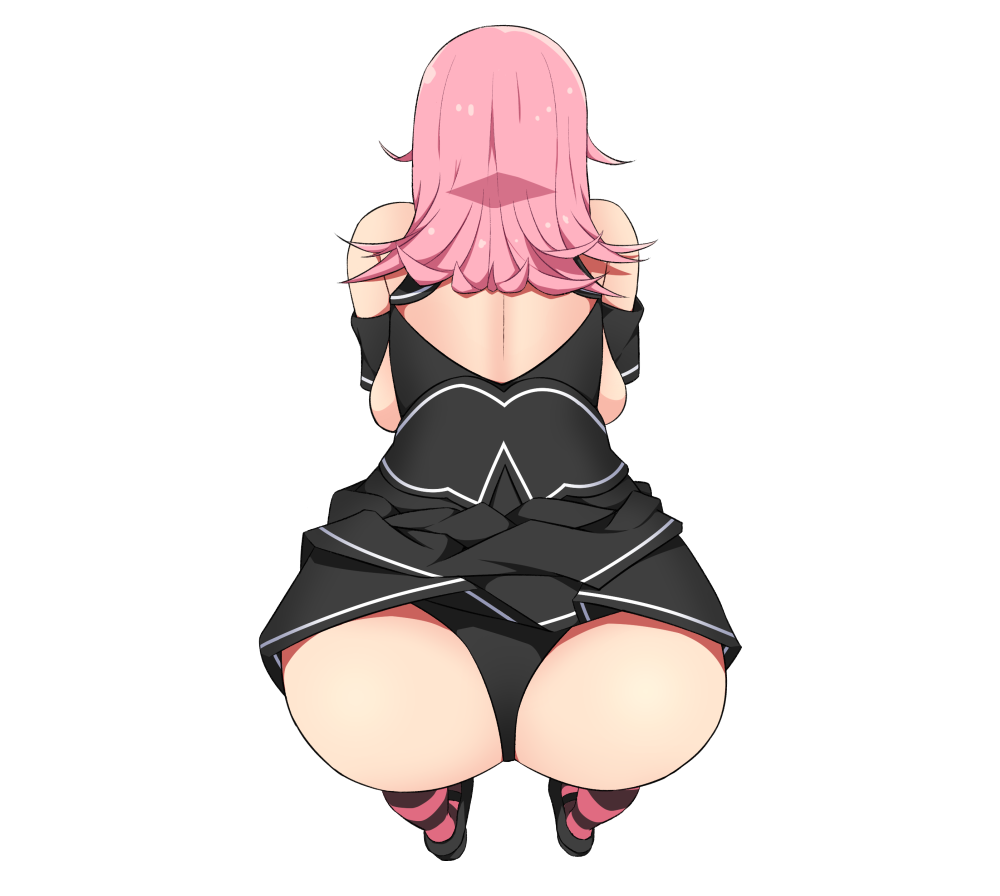 1girl ass backboob bent_over black_dress breasts dream_c_club dream_c_club_(series) dream_c_club_gogo. dress female_focus from_above from_behind large_breasts long_hair noko_(dream_c_club_gogo.) panties pink_hair shiny_skin solo striped_clothes striped_thighhighs thighhighs tom6o! underwear