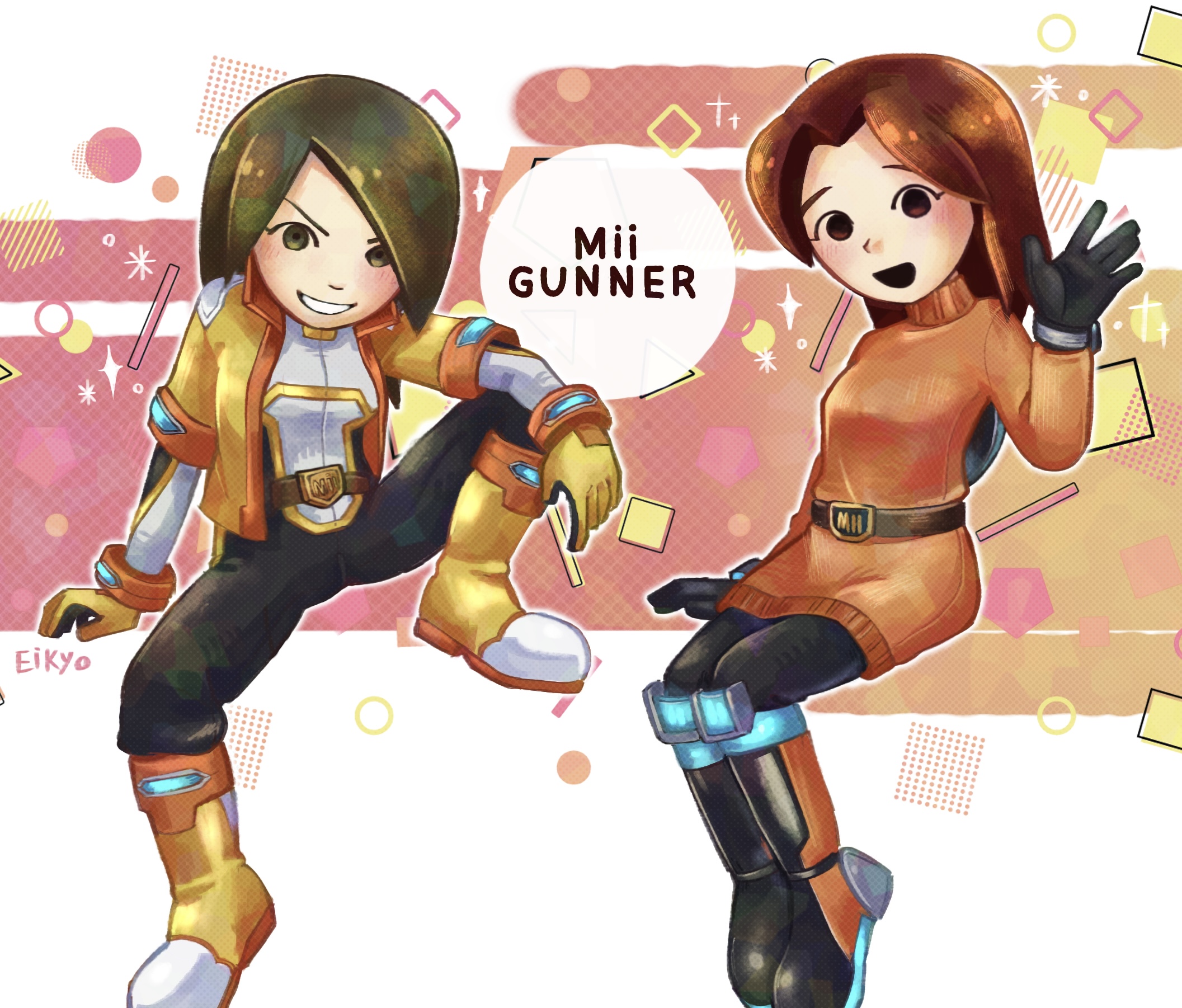 2girls animification belt black_gloves black_pants blush boots breasts brown_eyes brown_hair character_name commentary crossover dress gloves green_eyes green_hair grin highres holding jacket knee_boots long_hair looking_at_viewer medium_breasts mii_(nintendo) mii_gunner mii_gunner_(smash_4) mii_gunner_(smash_ultimate) multiple_girls nintendo nyo02921978 open_mouth orange_gloves pants pantyhose parted_bangs short_hair sitting smile super_smash_bros. sweater waving yellow_boots